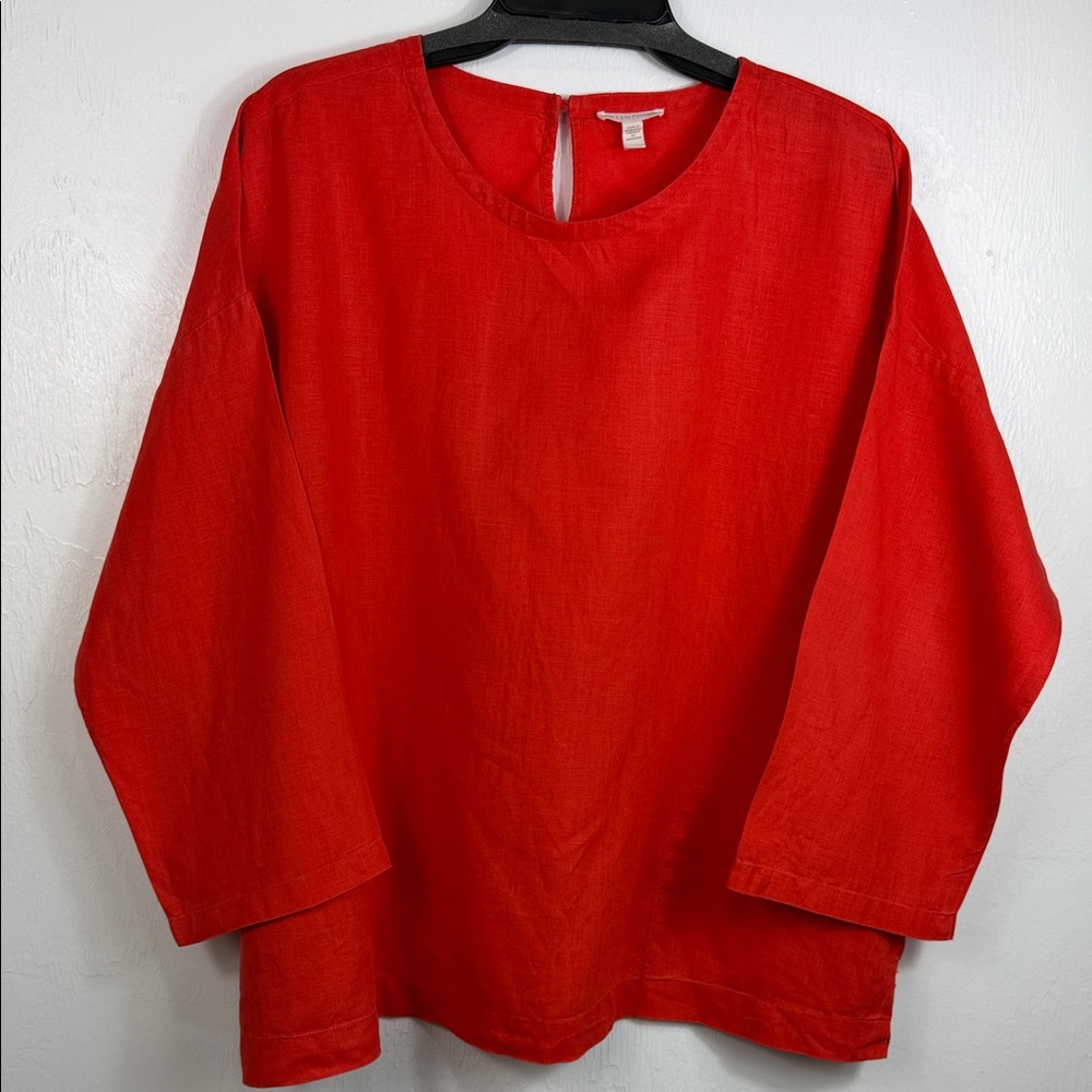 Eileen Fisher Red Linen Boxy Top 3/4 Sleeve Keyhole Back Size M